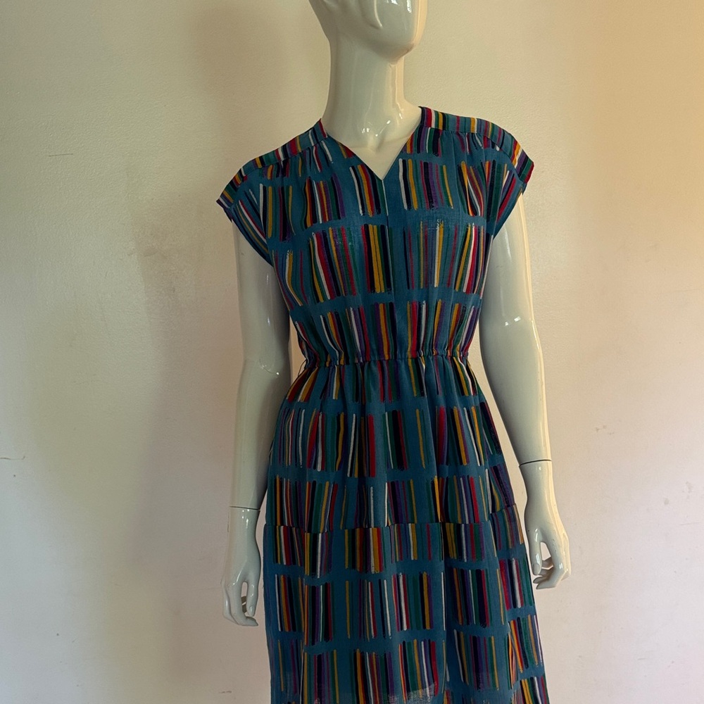Vintage Blue Multicolor Striped Midi Dress